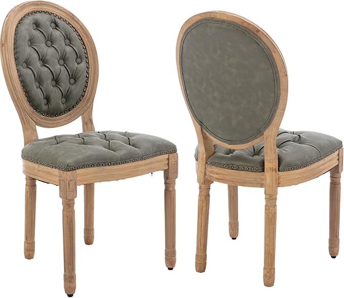 Vintage French Country Dining Chairs Set of 2, PU Leather Dining Chairs with Solid Wood Legs, Upholstered Dining Chair, Sillas para Comedor, Kitchen & Dining Room Chair (Olive Green, PU, 2Pcs)