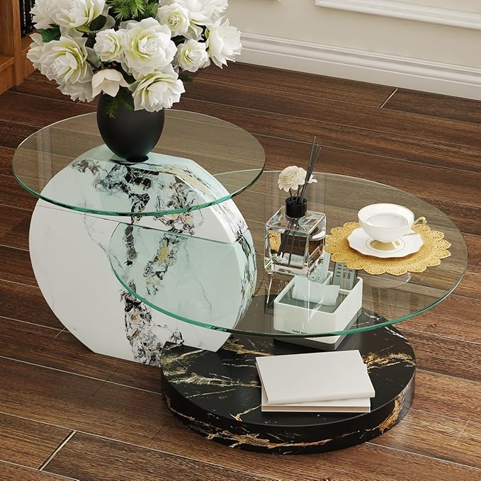 35 Inch Glass Coffee Table，Round Coffee Table with 2-Tier Tempered Glass Tabletop，Easy to Clean Circle Coffee Table with Sturdy Base for Living Room，Office (White & Black Marble Colored Base)