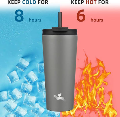 22 OZ Insulated Tumbler with Lid and 2 Straws Stainless Steel Water Bottle Vacuum Travel Mug Coffee Cup,Gray