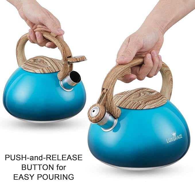 s-p Teapot Whistling Tea Kettle with Wood Pattern Handle Loud Whistle,Food Grade Stainless Steel Tea Pot for Stovetops Water Kettle(Blue)