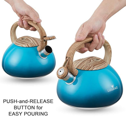 s-p Teapot Whistling Tea Kettle with Wood Pattern Handle Loud Whistle,Food Grade Stainless Steel Tea Pot for Stovetops Water Kettle(Blue)