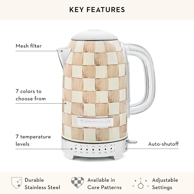 MACKENZIE-CHILDS Electric Kettle, Stainless-Steel Tea Kettle, Brown-and-White Mocha Check