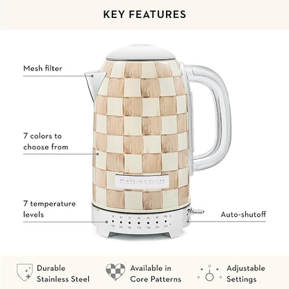 MACKENZIE-CHILDS Electric Kettle, Stainless-Steel Tea Kettle, Brown-and-White Mocha Check