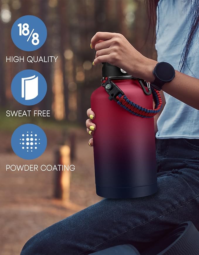 Stainless Steel 64 oz Wide Mouth Water Bottle - Keeps Ice Cold Up to 48H & Hot Up to 24H, Double-wall Metal Water Jug with Paracord Handle & Protective Boot