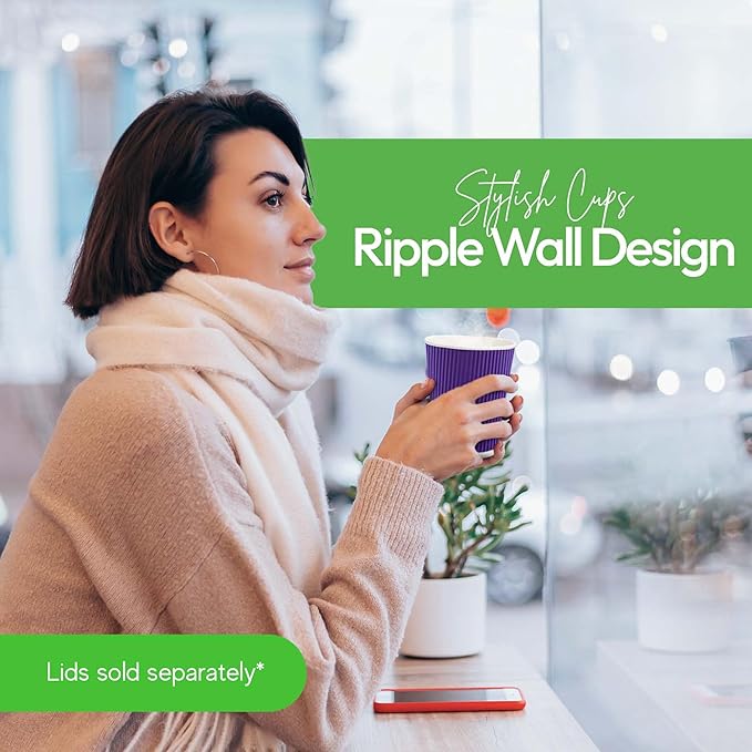 Restaurantware-12 Ounce Disposable Coffee Cups, 500 Ripple Wall Hot Cups For Coffee - Lids Sold Separately, Rolled Rim, Royal Purple Paper Insulated Coffee Cups, For Hot Coffee, Tea, And More