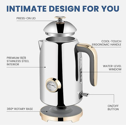 SUSTEAS Electric Kettle - 57oz Hot Tea Water Boiler with Thermometer, 1500W Fast Heating Stainless Steel Pot, Cordless LED Indicator, Auto Shut-Off & Boil Dry Protection, Glossy Silver