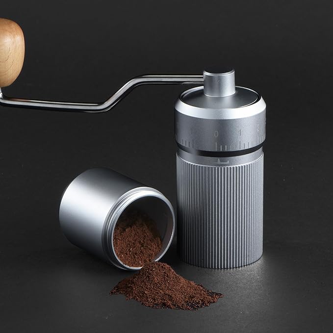 Manual Coffee Grinder by Suvykep — 6 Star Coffee Grinder Manual with 25g Capacity, CNC Stainless Steel Espresso Grinder with 55 Grind Settings — For Espresso, French Press, Pour Over (Silver)