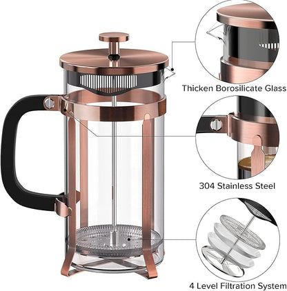 QUQIYSO Coffee Maker 304 Stainless Steel French Press with 4 Filter, Heat Resistant Durable, Easy to Clean, Borosilicate Glass Coffee Press, 100% BPA Free Teapot, 21 ounce, copper