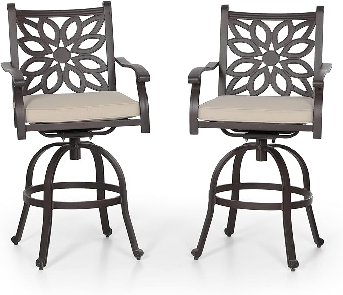 PHI VILLA Outdoor Swivel Bar Stools Set of 2, Cast Aluminum High Top Pub Height Patio Bar Chairs with Seat Cushion