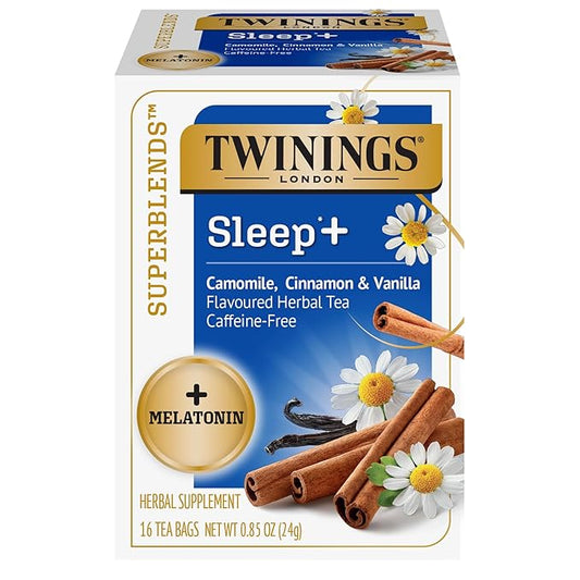 Twinings Superblends Sleep+ Herbal Tea with 1mg Melatonin Camomile, Cinnamon & Vanilla, Naturally Caffeine-Free, 16 Tea Bags (Pack of 1), Enjoy Hot or Iced