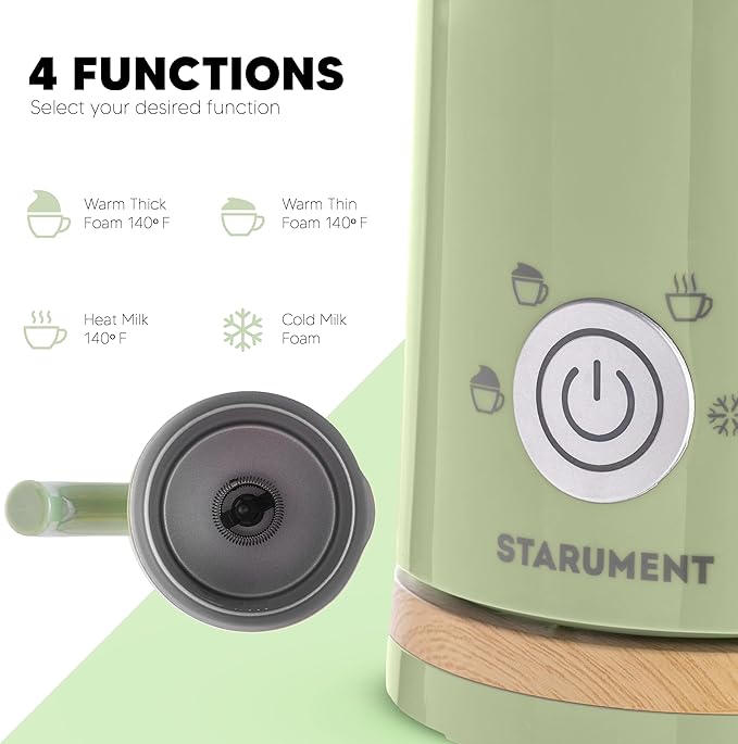 Starument Electric Milk Frother and Steamer - Automatic Foamer & Heater for Coffee, Latte, Cappuccino, Other Creamy Drinks - 4 Settings Cold Foam, Airy, Dense Warm, Green, 8x4x5 inches