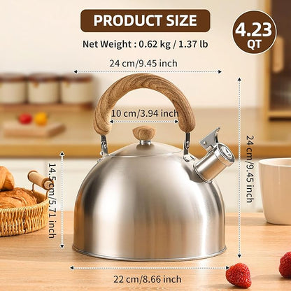 Tea Kettle, 18/8 Stainless Steel Whistling Teapot, 4.23 Quart Camping Tea Kettle for Stovetop, Water Coffee Pot with Anti-Hot Wood Handle (4L,Silver)