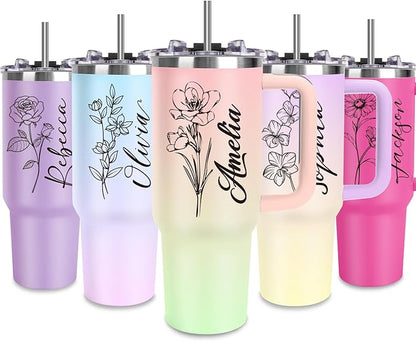 Personalized 40oz Tumbler with Handle and Straw, Custom Tumbler with Names & Birth Month Flower, Stainless Steel Travel Coffee Mug, Personalized Birthday Gifts For Women