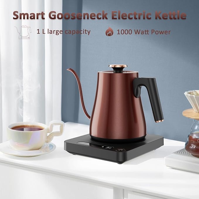 Smart Gooseneck Electric Kettle 1.0L with Temp Control and Keep Warm, 1000W Rapid Boil In 4 Min, Stainless Steel Kettle for Coffee/Tea, LED Display, Touch Control, Vintage Copper Color, BPA-Free