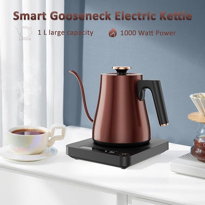 Smart Gooseneck Electric Kettle 1.0L with Temp Control and Keep Warm, 1000W Rapid Boil In 4 Min, Stainless Steel Kettle for Coffee/Tea, LED Display, Touch Control, Vintage Copper Color, BPA-Free