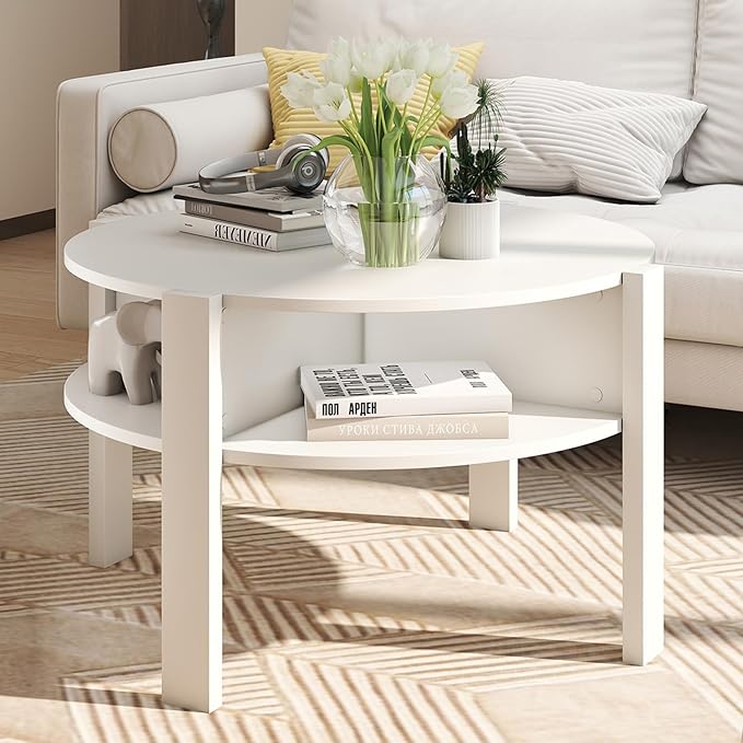 Giantex Round Coffee Table, 2-Tier Mid Century Modern Tea Cocktail Table with Storage Shelves & 4 Side Compartments, Wood Center Table for Living Room, Small Spaces (White)