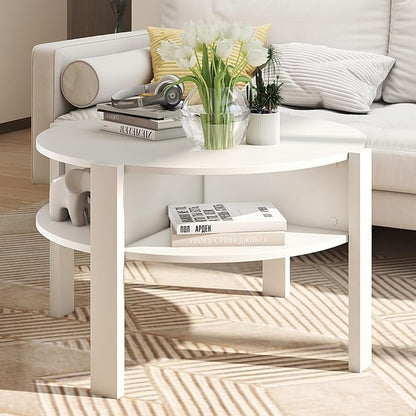 Giantex Round Coffee Table, 2-Tier Mid Century Modern Tea Cocktail Table with Storage Shelves & 4 Side Compartments, Wood Center Table for Living Room, Small Spaces (White)