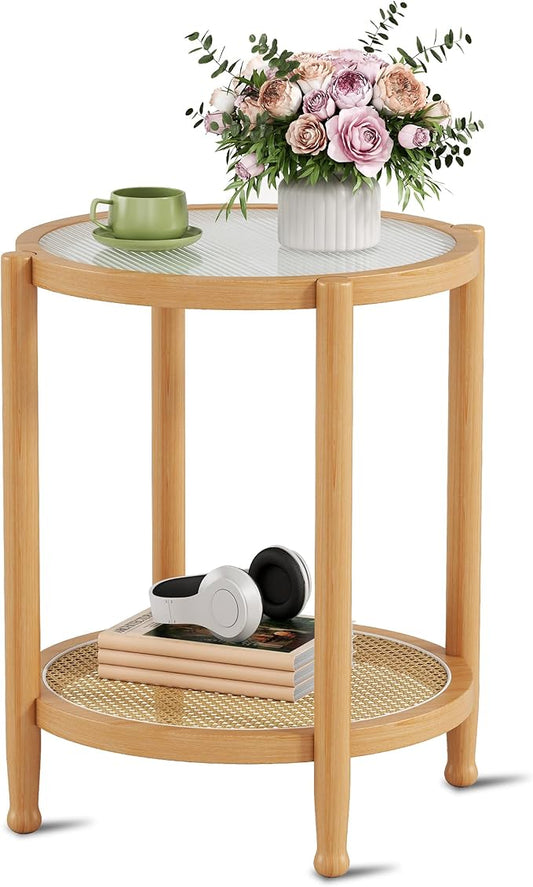 Rattan Round Side Table, 24" Boho Rustic Circle End Table Sofa Table with Storage and Solid Wood Farmhouse Frame for Living Room, Balcony, Bedroom (Natural, 23.6" D x 23.6" W x 19.7" H)