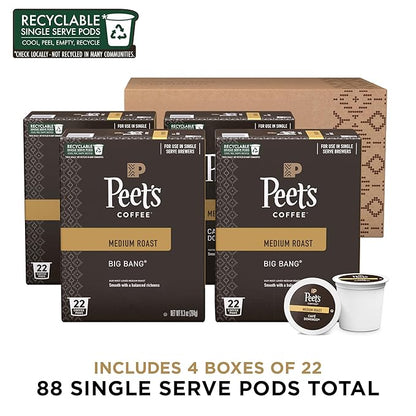 Peet's Coffee, Medium Roast Single Serve Coffee Pods - Big Bang 88 Count (4 Boxes of 22 Pods)