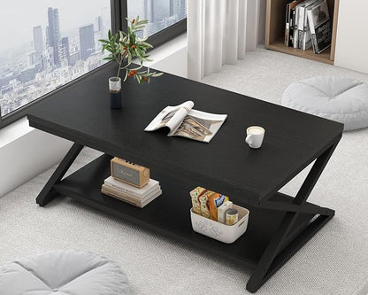 HSH Black Coffee Table Modern, 47 Inch Simple Rectangle Cocktail Table with Storage Display Shelf, 2 Tier Minimalist Industrial Wooden and Metal Center Tea Table for Living Room Office, Black Oak