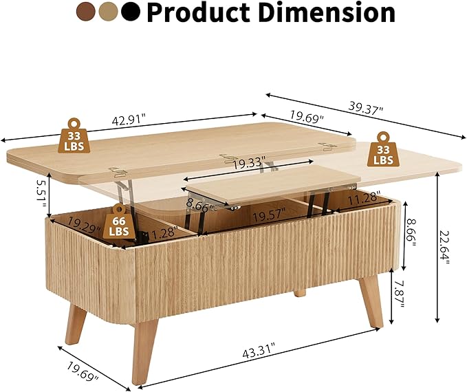 3 in 1 Lift Top Coffee Table, Fluted Convertible Coffee Tables Converts to Dining Tables, Modern Oval Wooden Center Table with Storage for Living Room Office Small Space, Partial Assembly (Natural)