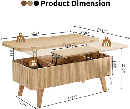 3 in 1 Lift Top Coffee Table, Fluted Convertible Coffee Tables Converts to Dining Tables, Modern Oval Wooden Center Table with Storage for Living Room Office Small Space, Partial Assembly (Natural)