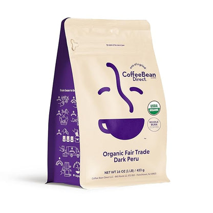 Coffee Bean Direct Organic Fair Trade Dark Peru, Whole Bean Coffee, Dark Roast, 1 Pound Bag (Pack of 1)