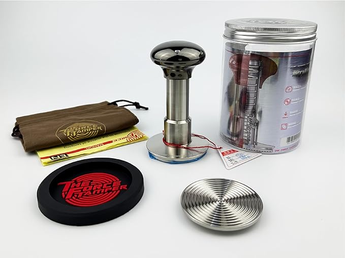 The Force Tamper Automatic Impact Coffee Tamper Adjustable Const Pressure and Autoleveling Extend Set New (Jelly-Black Mirror AL, 53.50mm)
