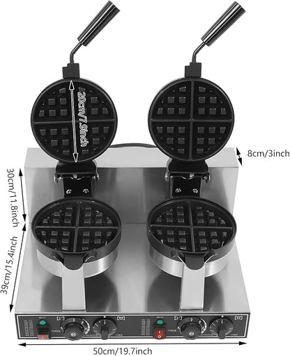 Commercial Dual-Head Rotating Non-Stick Round Belgian Waffle Maker - 2400W Stainless Steel Waffle Iron Machine for Restaurant or Bakery - Temperature and Time Control, 110V