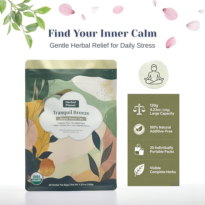 Herbal Planet Stress Relief Tea – Daily Relaxation & Emotional Balance Blend | Green Tea, Elderberry, Turmeric, Rose & Monk Fruit | 20 Tea Bags (4.23oz / 120g)