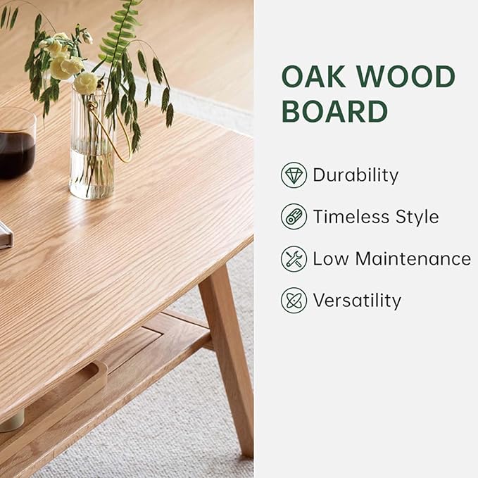 100% Solid Oak Wood Coffee Table for Living Room, Small Table with Shelf Storage, Mid Century Modern Coffee Tables with Rounded Corners for Home (Natural, 31.49“ x 22.05” x 17.32“)