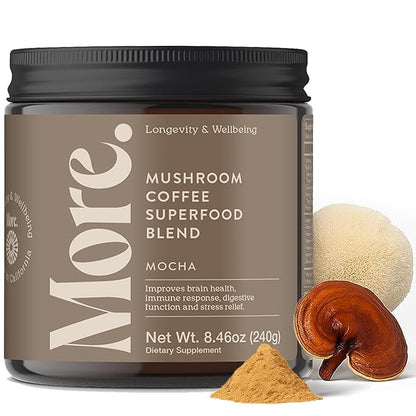 More. Longevity & Wellbeing Mushroom Coffee Superfood – 7 Functional Mushrooms with Lion’s Mane, Reishi, Chaga & Ashwagandha Extract, Instant Coffee Alternative with Prebiotics and Essential Vitamins for Focus & Energy, Mocha