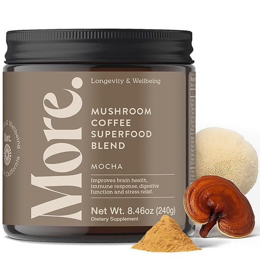 More. Longevity & Wellbeing Mushroom Coffee Superfood – 7 Functional Mushrooms with Lion’s Mane, Reishi, Chaga & Ashwagandha Extract, Instant Coffee Alternative with Prebiotics and Essential Vitamins for Focus & Energy, Mocha