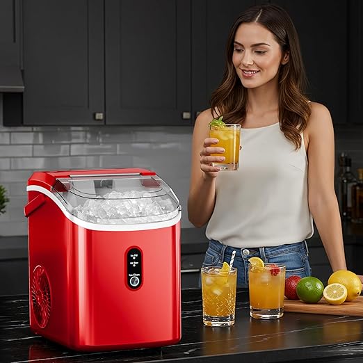 Nugget Countertop Ice Maker with Soft Chewable Pellet Ice, 34Lbs/24H,Pebble Portable Ice Machine with Ice Scoop, Self-Cleaning, One-Click Operation, for Kitchen/Office/Bar, Red
