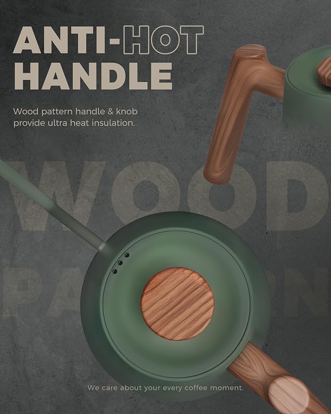 POLIVIAR Electric Gooseneck Kettle, 1350W Electric Tea Kettle Wood Pattern Handle, 34oz Pour Over Electric Kettle for Coffee & Tea, 18/8 Stainless Steel Inner, Temperature Control & Rapid Heating