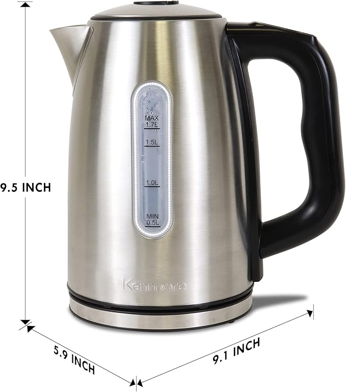 Kenmore Electric Kettle - Cordless Digital Calentador De Agua, Stainless Steel Instant Tea Pot, Preset Temperature Control, Automatic Shut-Off, Rapid Boil, Hot Water Boiling Heater, 1.7 Liter Silver