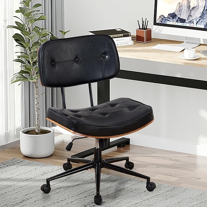 Armless Office Chair with Wheels, Adjustable Height Desk Chair Leather Swivel Computer Chair, Modern Walnut Office Side Chair for Meeting Room Office, Black