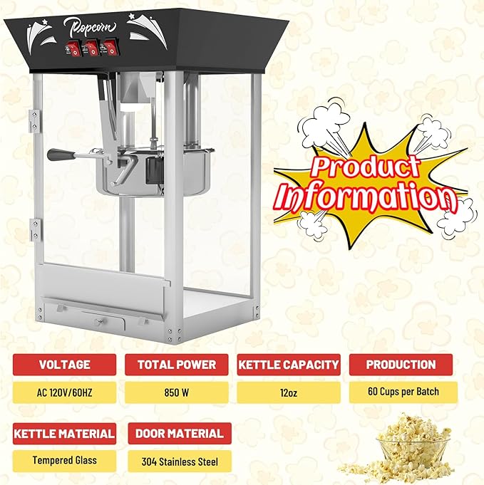 Vintage Popcorn Machine, 12oz Popper Stainless-Steel Kettle & Warming Light, Makes Up to 60 Cups, Ideal for Family Gatherings, Movie Theaters & Amusement Parks, Black