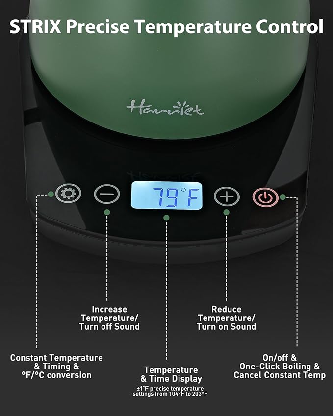 Harriet Gooseneck Electric Kettle - 1200W Fast Heat, 0.8L Stainless Steel, Precision Temp Control & Timer, Wood Handle, Pour Over Coffee and Tea, Green