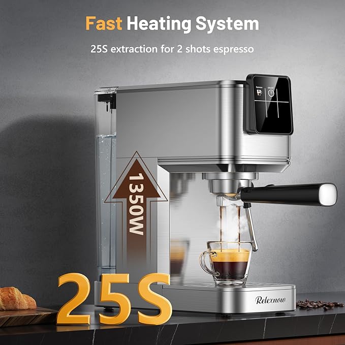 Espresso Machine, 20 Bar Espresso Maker Milk Frother & LCD Panel, Hot & Iced with Rapid Cold Brew, Stainless Steel Espresso Coffee Machine with 41oz Water Tank for Cappuccino, Latte