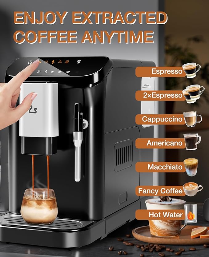 IDEALHOUSE Fully Automatic Espresso Machine with Grinder and Milk Frother, Touchscreen Coffee Maker, 20 Bar Pressure, 1.5L Water Tank, One-Touch Latte and Cappuccino