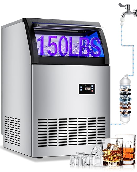 Commercial Spray Drench Ice Maker Machine 150 Lbs/Day, Undercounter Ice Makers 100Lbs Storage Bin and 32 Ice Trays, Under Counter ice Maker for Home, Bar, Party