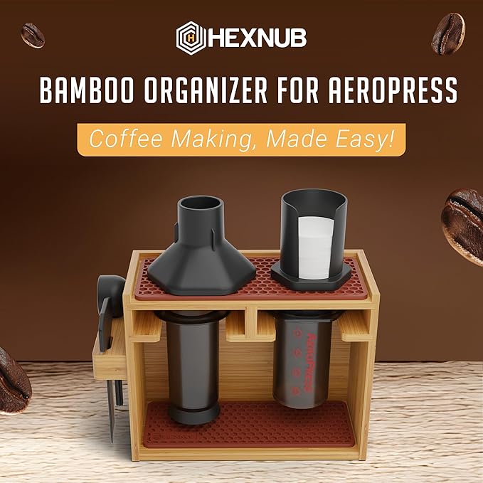 HEXNUB – Bamboo Organizer for AeroPress, Coffee Caddy Station Holds AeroPress Coffee Maker, Accessories, Filters, Cups, Stand includes Dripper Mats (Brown)