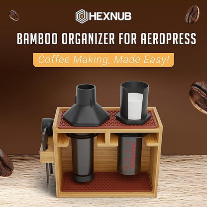 HEXNUB – Bamboo Organizer for AeroPress, Coffee Caddy Station Holds AeroPress Coffee Maker, Accessories, Filters, Cups, Stand includes Dripper Mats (Brown)