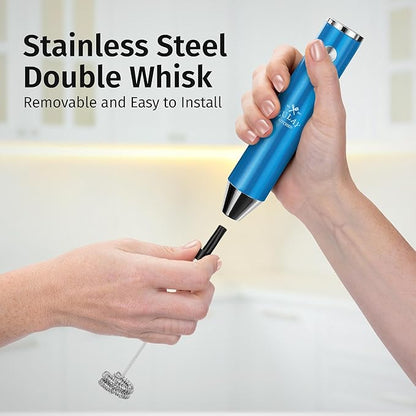 Zulay Kitchen Lux Rechargeable Milk Frother Handheld - Powerful 2-Speed Motor, Fully Waterproof, 2000mAh Battery - Drink Mixer For Latte, Cappuccino, Matcha, Protein Powder - Metallic Blue