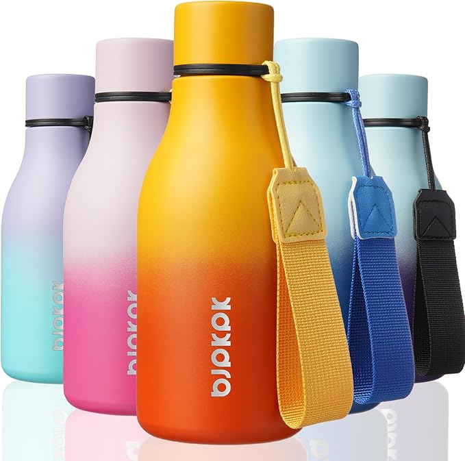 BJPKPK Insulated Water Bottles, 12oz Stainless Steel Metal Water Bottle with Strap, BPA Free Leak Proof Jugs, Mugs, Flasks, Reusable Thermal Flasks for Sports & Travel, Sunset Orange