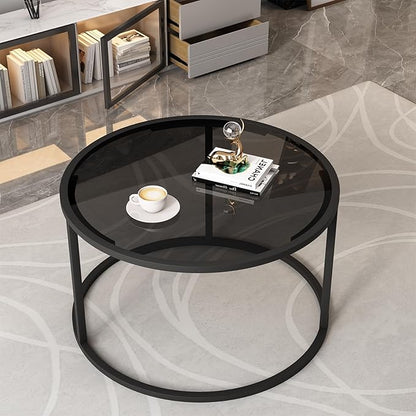 Glass Coffee Table Modern Center Table,Minimalist Round Coffee Tea Table,Simple Tea Cocktail Modern Center Tables, Living Room Tables,Easy Assembly, 27 x 27 x 17 Inch,Black