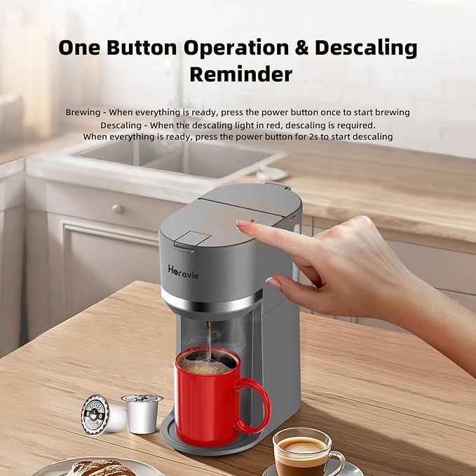 Mini Single Serve Coffee Maker for K Cup and Ground Coffee, Fast Brew One Cup Coffee Machine with Descaling Reminder and Water Window, 6 to 12 oz. Brew Sizes, Grey