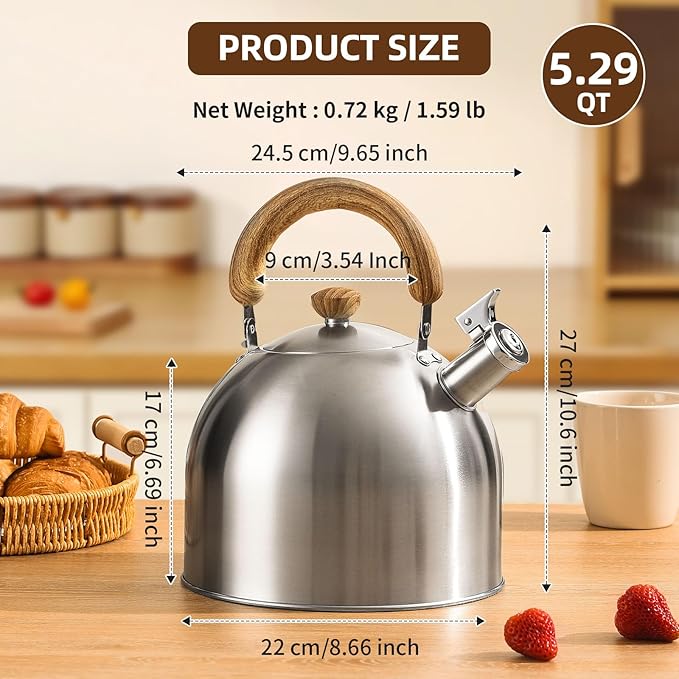 Tea Kettle, 18/8 Stainless Steel Whistling Teapot, 5.29 Quart Camping Tea Kettle for Stovetop, Water Coffee Pot with Anti-Hot Wood Handle (5L,Silver)