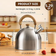 Tea Kettle, 18/8 Stainless Steel Whistling Teapot, 5.29 Quart Camping Tea Kettle for Stovetop, Water Coffee Pot with Anti-Hot Wood Handle (5L,Silver)
